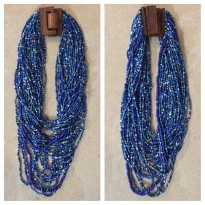 Multi-Strand Blue Beaded Statement Necklace with Wooden Clasp